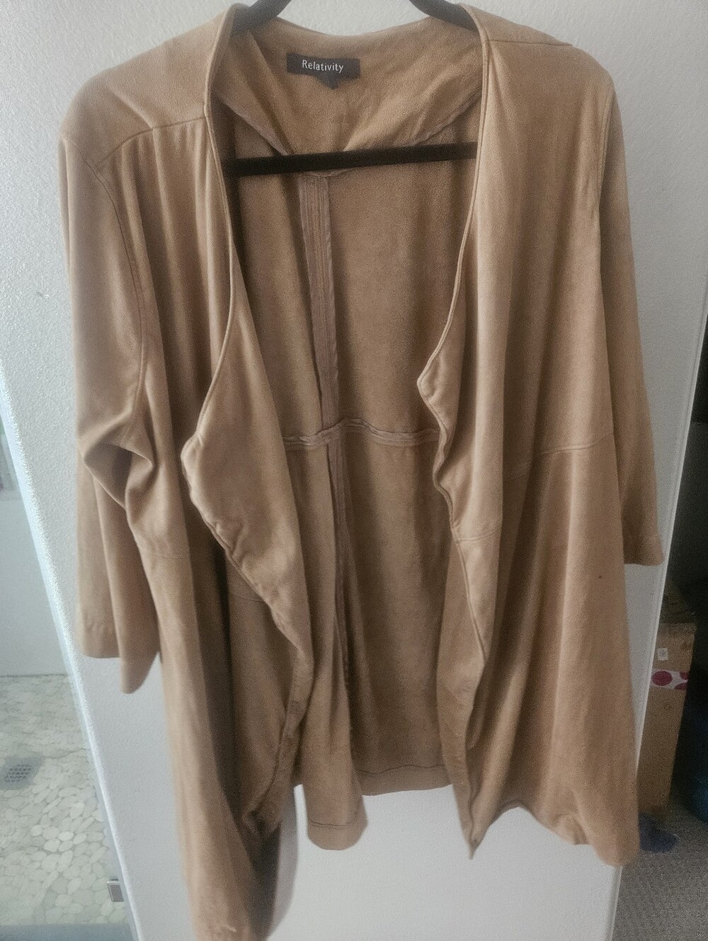Relativity Draped Open-Front tan faux suede material Cardigan